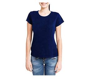 Camiseta Casual Azul Marino para Mujer, Mezcla de Poliéster/Algodón, Cuello en V, Decoración con Logotipo, Transpirable, Corte Ajustado, 180 Gramos, Talla Grande - Product Image 1