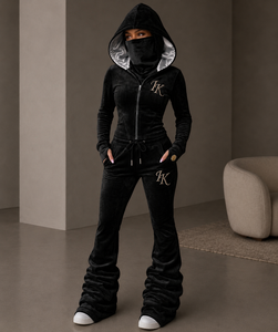 Custom Luxury Boutique Quality Embodied Women Flare <b>Tracksuit</b> Heavyweight Fleece Front Winter Trendy Hoodie Stacked Jogger Set - Product Image 4