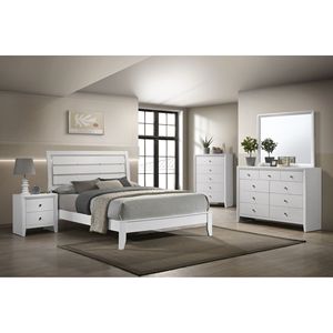 <b>Queen</b> <b>Size</b> White Finish Panel <b>Bed</b> with Geometric Design Softly Curved Headboard Soft Wooden Bedroom Furniture - Product Image 6
