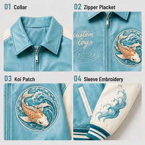เสื้อแจ็คเก็ตวาร์ซิตี้สีน้ำเงินสำหรับผู้ชาย ทำจากหนัง PU ปักลายปลาคาร์ฟ โลโก้ด้านหน้า ปกเสื้อพับได้ ปิดด้วยซิป สวมใส่สบายๆ ในฤดูใบไม้ร่วง - Product Image 5