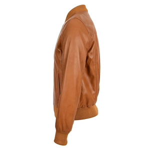Blouson aviateur en cuir marron pour homme, col montant, fermeture éclair, coupe décontractée, couleur unie, doublure en coton, idéal pour l'automne - Product Image 4