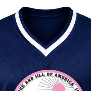 Camiseta Deportiva Azul Marino con Escudo Bordado de Jack & Jill, Cuello en V, Manga Corta, Franja Blanca, Uniforme Personalizado para Equipo Atlético - Product Image 3
