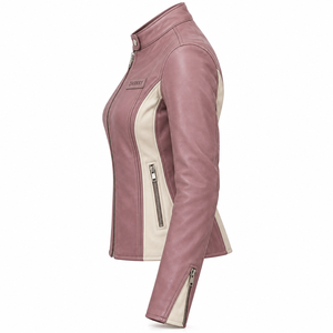 Chaqueta de cuero Dusty Rose para mujer, color blanco roto, con paneles laterales curvos, cuello mandarín, estilo motero, corte ajustado, puños con cremallera, personalizada, estilo racer para pista. - Product Image 4