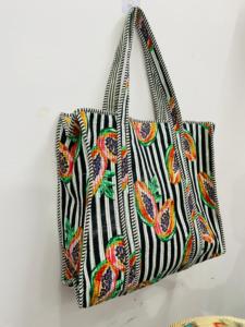 Hand Block Printed Quilted Cotton <b>Boho</b> Style Drawstring Closure Large Women Black White Stripe Tropical Fruit Shoulder <b>Bag</b> - Product Image 2