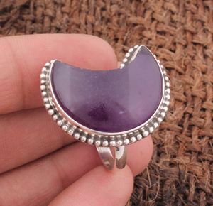 Anillo de Plata de Ley 925 de Lujo con Amatista Natural y Jade, Anillo de Luna Hecho a Mano con Puntos, Anillo Vintage para Mujer, Regalo, Joyería Fina Vintage - Product Image 1
