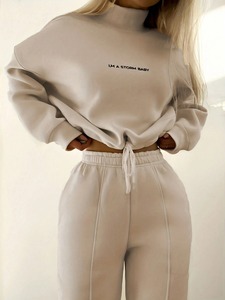 women tracksuit slim fit cotton polyester zipper hoodie jogger <b>pants</b> breathable stretch gym fitness training wear set - Product Image 2