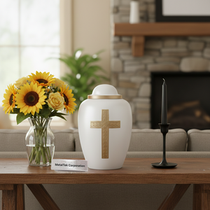 Urna Funeraria Blanca Premium para Cenizas de Adultos, Decoración Conmemorativa con Cruz Elegante Hecha a Mano, Florero Funerario de Metal Duradero para Entierro en Casa - Product Image 2