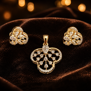 Ensemble élégant de pendentif en or 14 carats serti de diamants avec boucles d'oreilles florales pour femmes, bijoux de luxe pour les fêtes, cadeau - Product Image 2