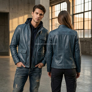 Veste en cuir bleue personnalisée pour homme, fournisseur en gros, OEM ODM, effet vieilli, multi-poches, col montant, manteau d'extérieur - Product Image 5