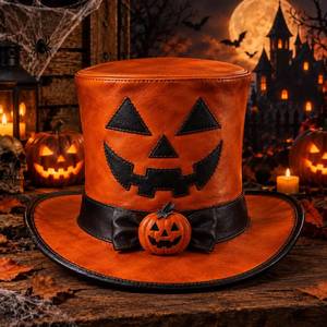 Chapeau haut-de-forme citrouille d'Halloween en cuir orange, accessoire de costume Jack O'Lantern, accessoire de fête cosplay, chapeau de magicien effrayant - Product Image 1