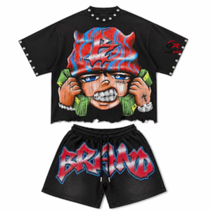 ORVO SPORTS Men's Streetwear T-Shirt <b>Shorts</b> Set Black Graffiti Print Crew Neck Knitted Spandex/Cotton Breathable Summer Casual - Product Image 1