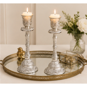 Deluxe <b>Silver</b> Shabbat Candle Holder Set Ornate Engraved Metal <b>Candlesticks</b> for Wedding & Home Decor Taper Candle Holders - Product Image 6