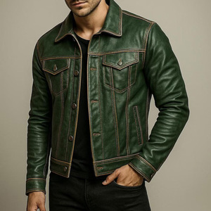 Biker <b>Jacket</b> Artisanal Forest Green Leather Biker <b>Trucker</b> <b>Jacket</b> Hand-Dyed Genuine Sheepskin Vintage Earth-Tone Leather <b>Jacket</b> - Product Image 6
