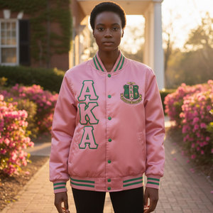 แจ็คเก็ตบอมเบอร์ผ้าซาตินสีชมพูเขียวสำหรับผู้หญิง ยี่ห้อ GREEK AKA แบบสั่งทำพิเศษ แจ็คเก็ตบอมเบอร์ปักลายถักนิตติ้งระบายอากาศได้ดีสำหรับผู้หญิง - Product Image 5