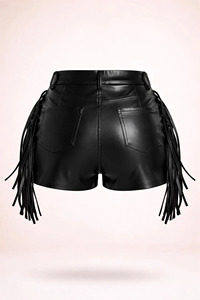 Shorts en cuir pour femme UNIQUE LEATHER, style western, à franges et pompons, pour festival, imperméables, taille élastique, coupe décontractée - Product Image 4