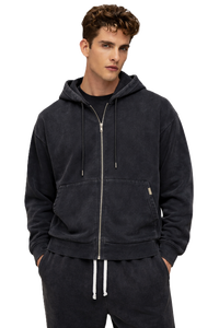 Sudadera con capucha para hombre de algodón grueso con cremallera, forro polar lavado, color negro, estilo oversize, streetwear, fabricación OEM con logo personalizado, MOQ bajo. - Product Image 5