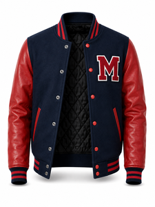 Unisex Navy Red Wool/Polyester Sleeve Varsity <b>Jacket</b> Embroidered M Letter Front Turn-down Collar Streetwear Style <b>Patchwork</b> - Product Image 3
