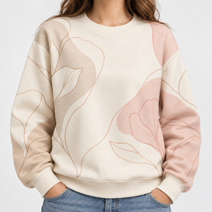 Sweat-shirt surdimensionné à imprimé floral crème pour femme, col rond, manches longues, confortable, style décontracté, motif abstrait - Product Image 5