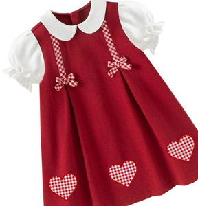 Robe pour bébé fille rouge à col Peter Pan, à carreaux, avec manches bouffantes en forme de cœur, robe décontractée pour fête d'enfants - Product Image 3