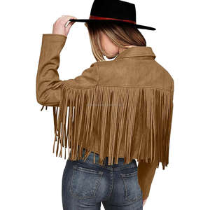 Kaki Vintage daim cuir frange gland culture femmes Boho Western Cowboy Style ouvert avant manteau manches longues respirant Viscose - Product Image 3