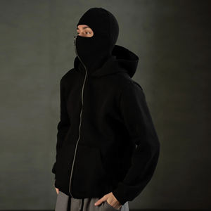 Hoodie cagoule intégrale zippée, noir et blanc, en polaire épaisse, style Techwear Streetwear - Product Image 3