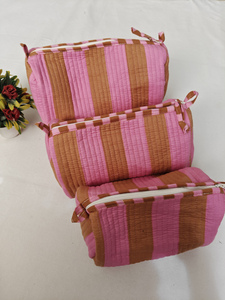 Sacs à maquillage en coton durable à rayures vertes et motifs floraux imprimés, pochettes indiennes, trousse de toilette de voyage, organiseur de cosmétiques - Product Image 4