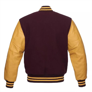 Unisex Maroon Mustard Varsity Style Jacket Wool Sleeves <b>Stand</b> Patchwork Quilted Lining Striped Ribbed Trim Urban Streetwear - Product Image 2
