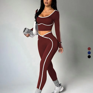 Conjunto Deportivo de Dos Piezas para Mujer, Top y Pantalones de Yoga en Colores Contrastantes, Transpirable, Manga Larga, Cintura Alta, Levanta Glúteos - Product Image 4