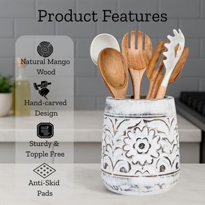 Support à ustensiles en bois sculpté à la main, motif floral vintage vieilli, pot à ustensiles de cuisine, organisateur de spatules style bohème, vente en gros - Product Image 2