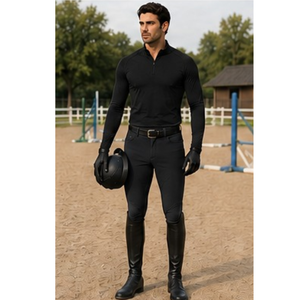 Chemise d'équitation pour homme à manches longues, imprimée, noire, avec fermeture éclair sur le devant, tricotée, performante, style décontracté chic - Product Image 5