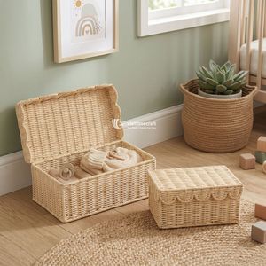 Woven Rattan <b>Storage</b> <b>Basket</b> with Lid Scalloped <b>Wicker</b> Organizer Beige Round <b>Basket</b> for Home Bathroom Bedroom - Product Image 2