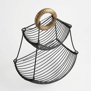 Hamaca de Alambre de Hierro Negra Hecha a Mano con Acabado de Latón Antiguo de 26 cm, Cesta de Dos Niveles para Frutas, Decoración del Hogar, Hoteles y Bodas - Product Image 3