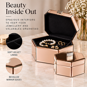 Rose Gold <b>Mirrored</b> Glass <b>Jewelry</b> <b>Storage</b> Box Set with Faceted Design Soft Lining Decorative Keepsake Organizer - Product Image 2