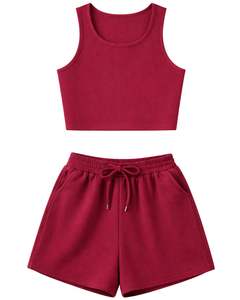 Ensemble décontracté deux pièces pour femme : débardeur court côtelé et short à cordon de serrage, rouge bordeaux, fabrication sur mesure, vente en gros - Product Image 1