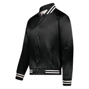 Men's Black Satin Waterproof Varsity Jacket Regular Fit Stand Collar <b>Covered</b> <b>Button</b> Closure Casual Solid Color Winter Wear - Product Image 1