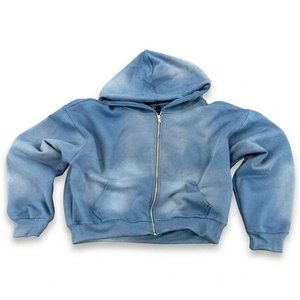 Conjunto de Sudadera con Capucha y Pantalones Cortos Azul Cielo con Lavado Ácido para Hombre, de Alta Demanda, con Logotipo Personalizado, Chándal Oversize con Cremallera, Traje Casual de Dos Piezas, Ropa Urbana - Product Image 2