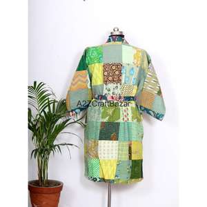 Indian Luxury Handmade Kantha Kimono Women's V-neck <b>Long</b> <b>Sleeve</b> Drawstring Closure Floral Pattern 100% Cotton Spring - Product Image 6