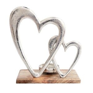 Sculpture artisanale en métal à double cœur entrelacés avec base en bois de manguier et support de bougie intégré pour la décoration intérieure - Product Image 1