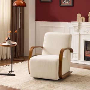 Poltrona con Braccioli Curvi in Legno Massello, Rivestimento Crema, Girevole a 360 Gradi, Design Moderno Mid-Century, Comfort Ergonomico per Soggiorno - Product Image 1