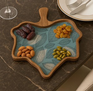 Bohemian <b>Leaf</b> Print Wooden Serving Tray with Handle Multi-Functional Decorative Snack & Tea Tray for Kitchen - Product Image 2
