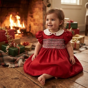 Vestido Geométrico Rojo Navideño para Bebés y Niñas, Ecológico, Transpirable, al por Mayor, Precio de Fábrica ODM OEM, Premium - Product Image 1