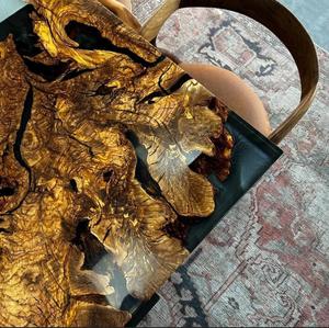 Table à manger rectangulaire moderne en bois massif et résine, bord naturel, personnalisée, écologique, résine noire, mobilier Diwali - Product Image 3