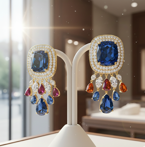 4 Inch Blue Hydro Round <b>Earrings</b> with CZ 925 Sterling Silver 18K <b>Gold</b> Plated Statement <b>Dangle</b> <b>Earrings</b> Ethnic Jewellery - Product Image 4