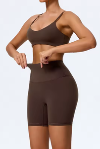 Women Solid Color Seamless Yoga Sports <b>Bra</b> Set Medium Support <b>Spaghetti</b> <b>Strap</b> Scoop Neck High Waist Shorts For Workout - Product Image 6