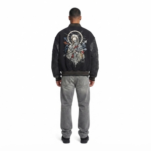 Men's Heavyweight Varsity <b>Jacket</b>-Oversized Loose Fit Stand Washed Finish Vintage Bomber Coated <b>Denim</b> High-End Graphic Streetwear - Product Image 2
