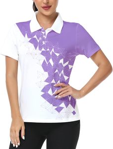 Camiseta Polo de Manga Corta para Mujer, Personalizada, con Estampado Geométrico Morado y Blanco, Tejido Casual de Secado Rápido, Largo Regular - Product Image 1