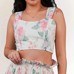 Conjunto coordinado floral de lino y algodón fabricado en India para mujer, suave, cómodo y fluido, conjunto de dos piezas para verano, disponible para la venta. - Product Image 1