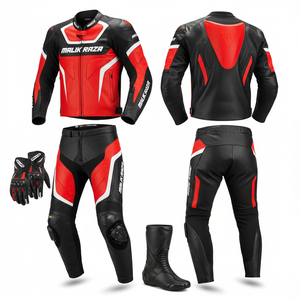 Trajes de Motociclismo de Cuero de Primera Calidad de la Serie Malik Raza en Azul/Negro/Rojo: Traje de Cuero de 2 Piezas y Guantes y Botas Protectoras a Juego - Product Image 2