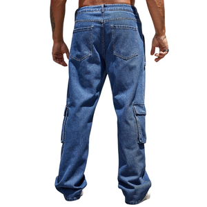 Pantalones Cargo de Mezclilla Azul para Hombre, Corte Recto de Pierna Ancha, Multibolsillos, Algodón, Estilo Casual, Ropa de Trabajo, Estilo Relajado - Product Image 2