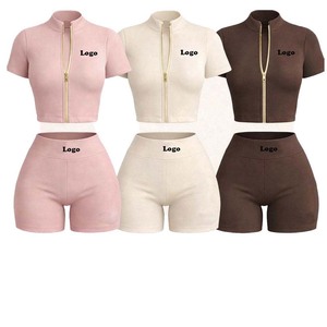 Vêtements d'été pour femmes de haute qualité, très vendus, ensembles de streetwear personnalisés, ensembles de sport, chemise à manches courtes zippée et short, ensemble 2 pièces - Product Image 1